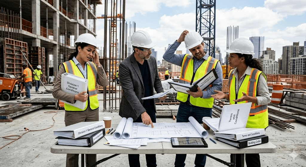 Construction team collaborating on project